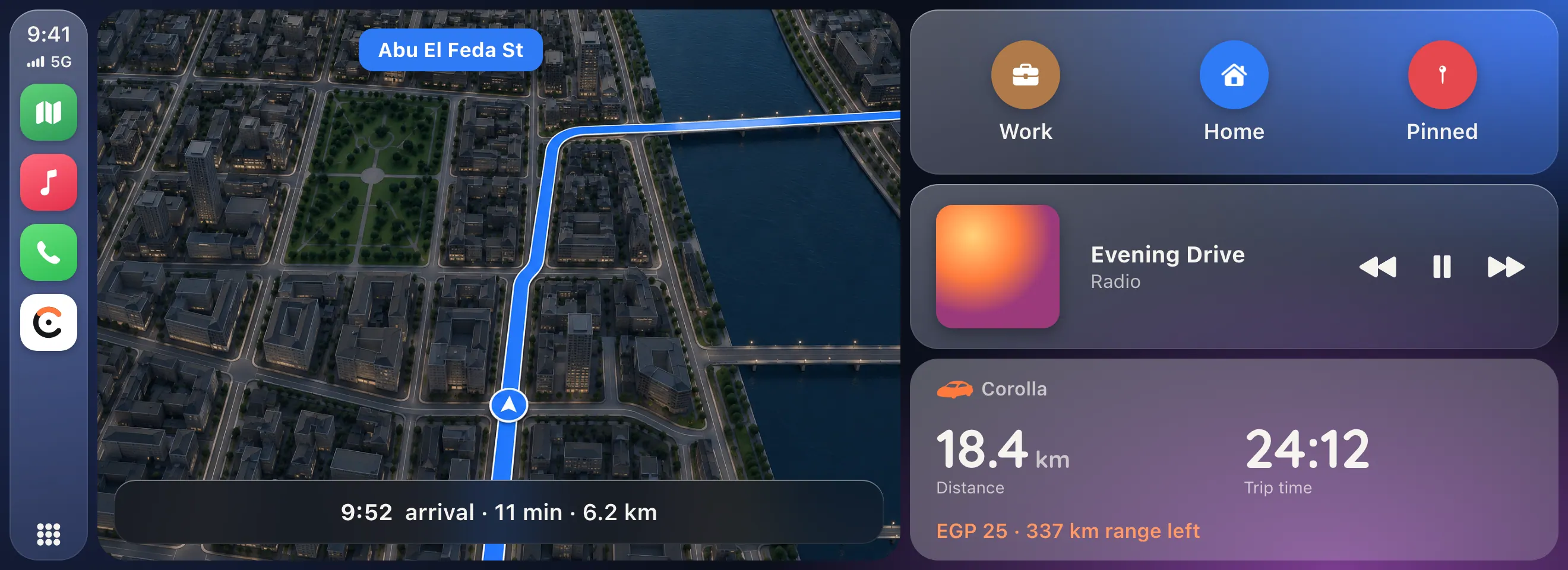 CarPlay Dashboard: Maps, suggestions and now playing, with the Carometer trip Live Activity: Corolla, 18.4 km, trip time 24:12, EGP 25, 337 km range left.