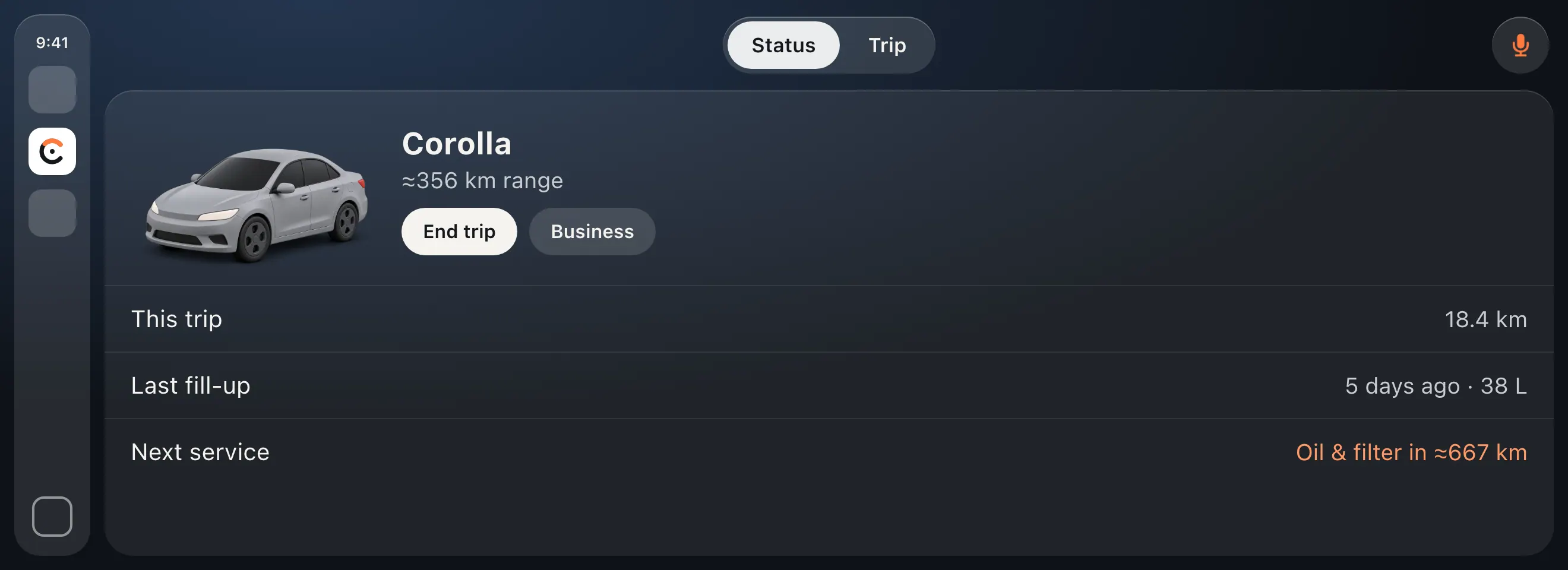 Carometer on CarPlay, Status: the Corolla with about 356 km of range, End trip and Business; this trip 18.4 km; last fill-up 5 days ago, 38 litres; next service oil and filter in about 667 km.