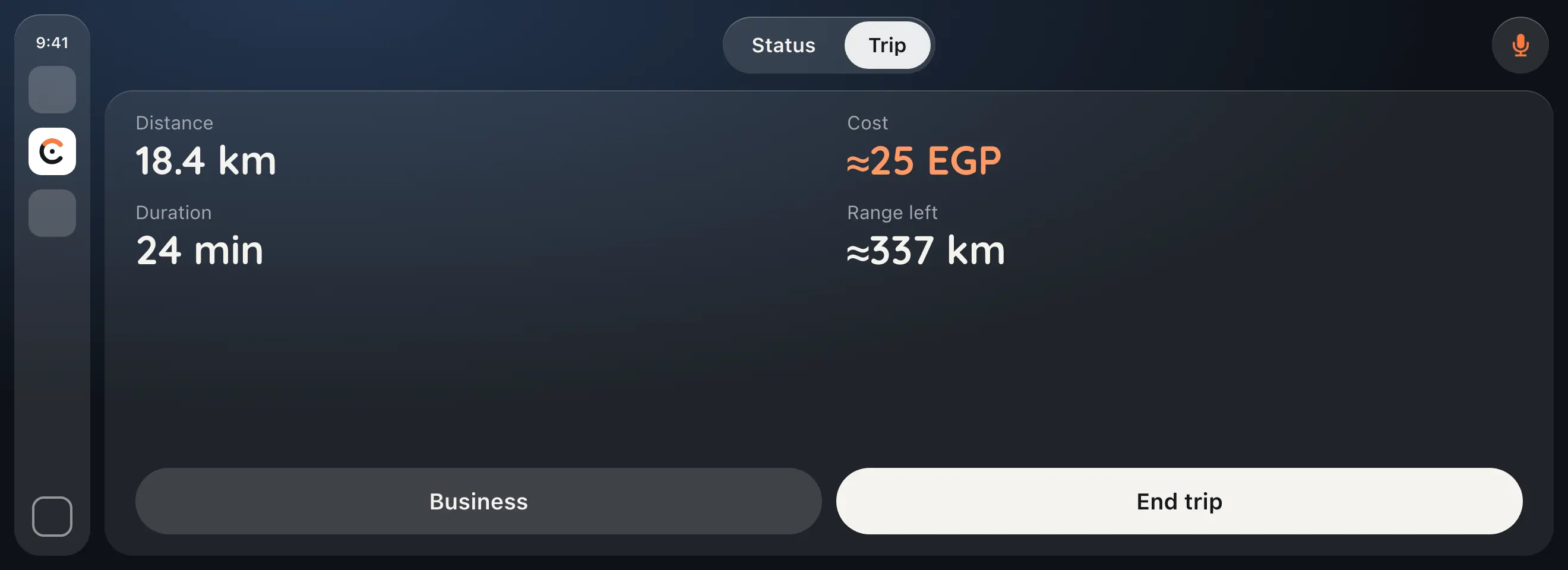 Carometer on CarPlay, Trip: distance 18.4 km, cost about 25 EGP, duration 24 minutes, range left about 337 km, Business and End trip.