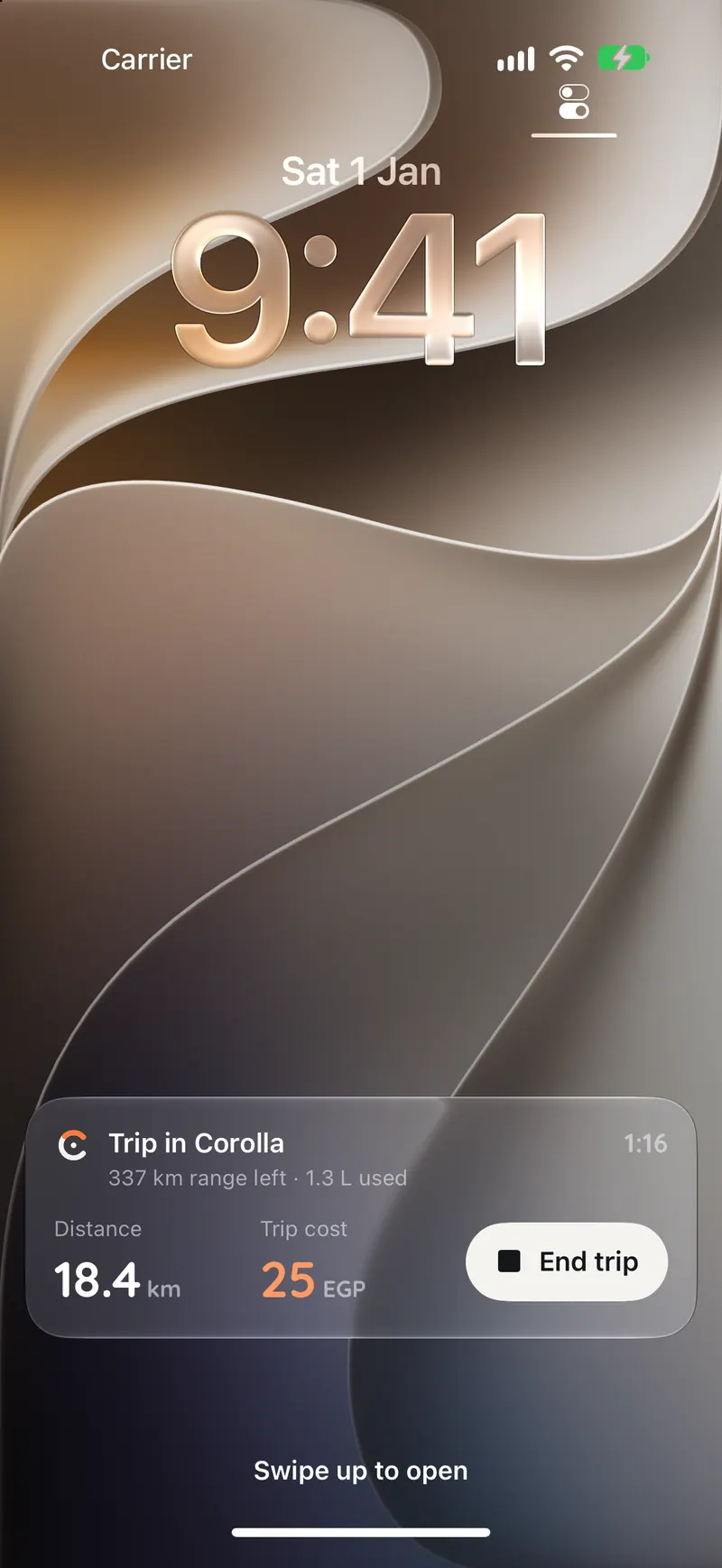 Lock Screen Live Activity: Trip in Corolla, 18.4 km, trip cost 25 EGP, 337 km range left, with an End trip button.