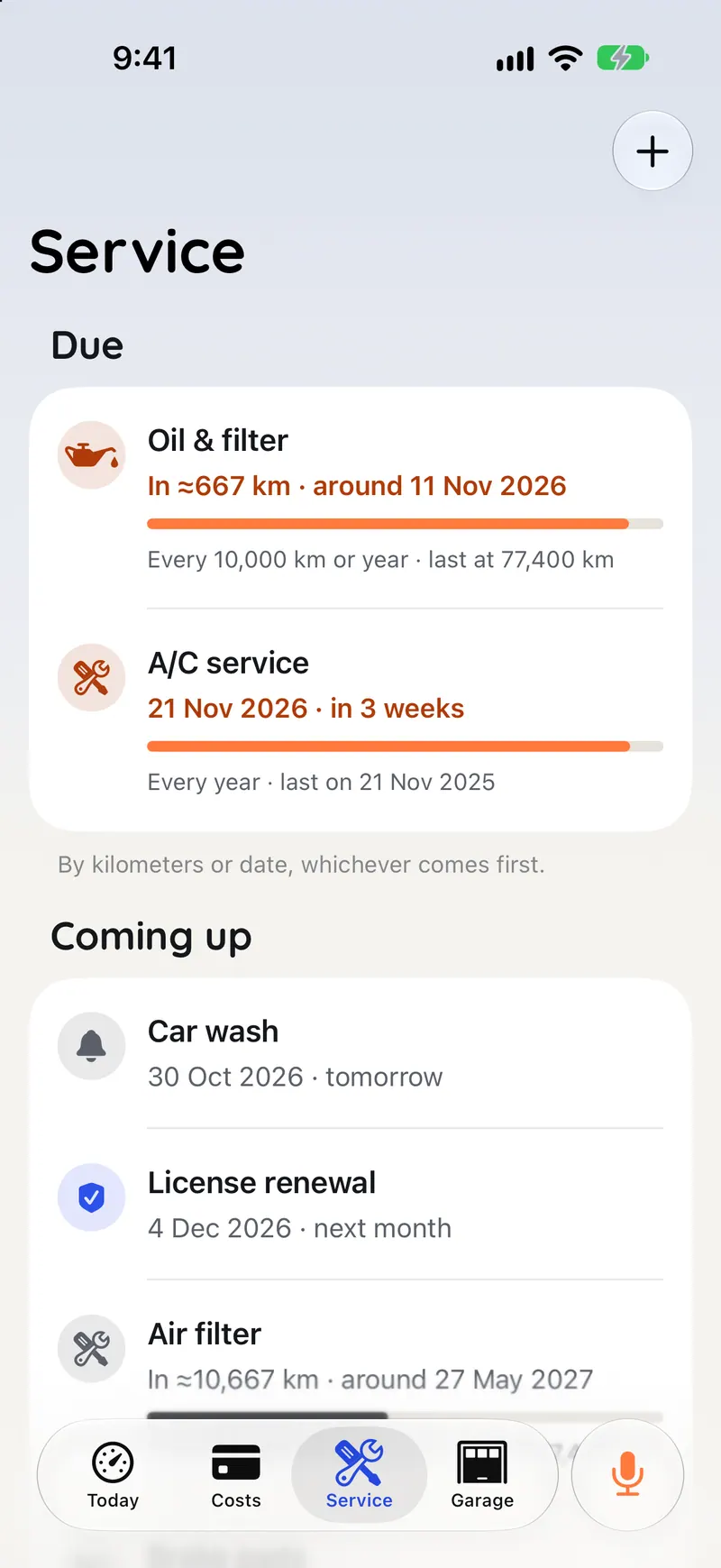 Service screen: Oil & filter due in about 667 km, around 11 November 2026; A/C service on 21 November, in 3 weeks; car wash tomorrow; license renewal next month.