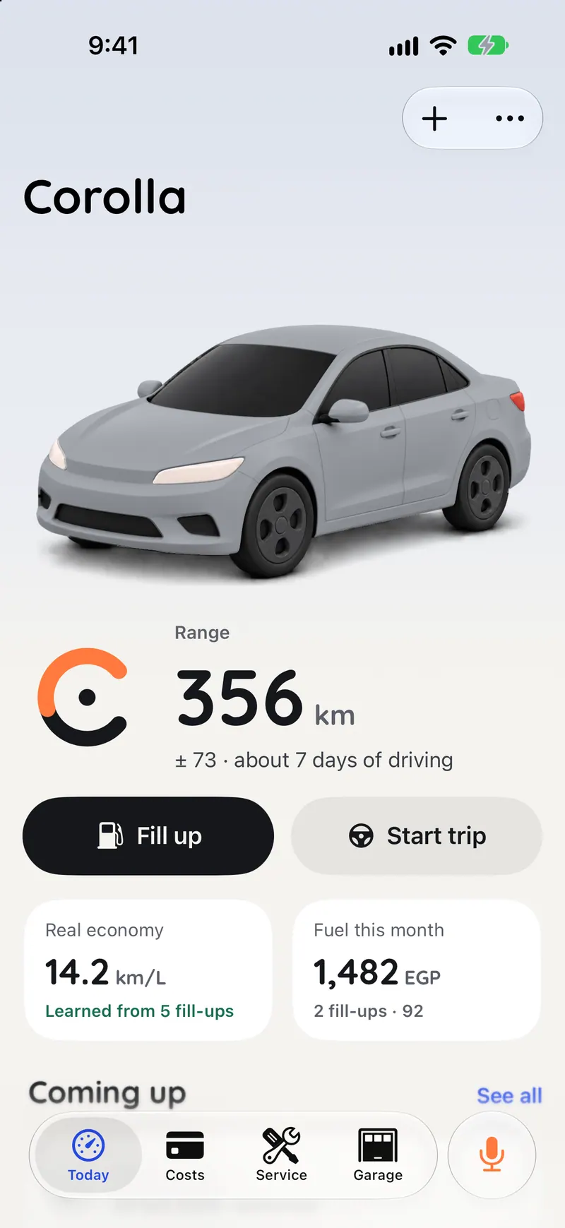 Carometer’s Today screen on iPhone: a silver Corolla, 356 km of range with the fuel gauge, Fill up and Start trip, real economy 14.2 km/L and 1,482 EGP of fuel this month.