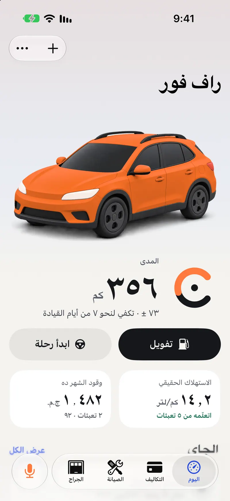 شاشة «اليوم» في Carometer على iPhone: راف فور برتقالية، مدى ٣٥٦ كم مع مؤشر الوقود، زرّا تفويل وابدأ رحلة، استهلاك حقيقي ١٤٫٢ كم/لتر ووقود الشهر ١٬٤٨٢ ج.م.
