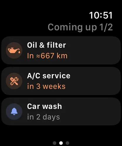 Apple Watch Series 12 showing Coming up: oil & filter in about 667 km, A/C service in 3 weeks, car wash in 2 days.