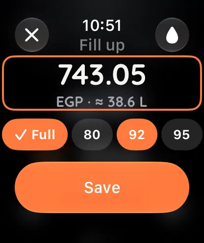 Apple Watch Ultra 4 showing the fill-up: 743.05 EGP, about 38.6 litres, Full, grade 92, Save.