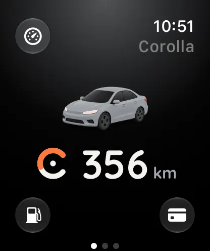 Apple Watch Series 12 showing the glance: the Corolla and 356 km of range.